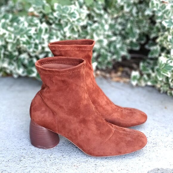 Bershka Burnt Orange Brown Faux Suede Fabric Sock Pull-On Sculpted Heel Booties - Picture 1 of 13